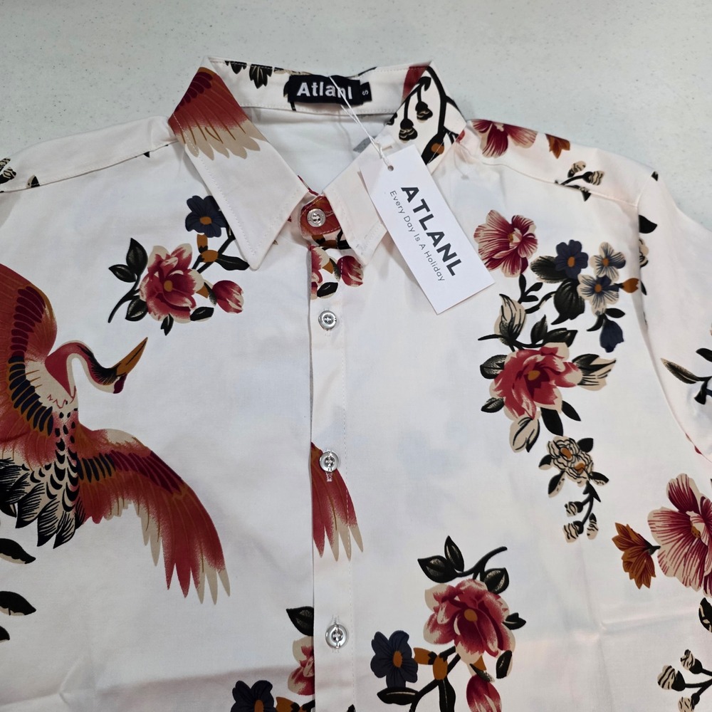 Atlanl Mens Short Sleeve Button Down Shirt White Red Crane Floral Print Size S - Picture 8 of 11